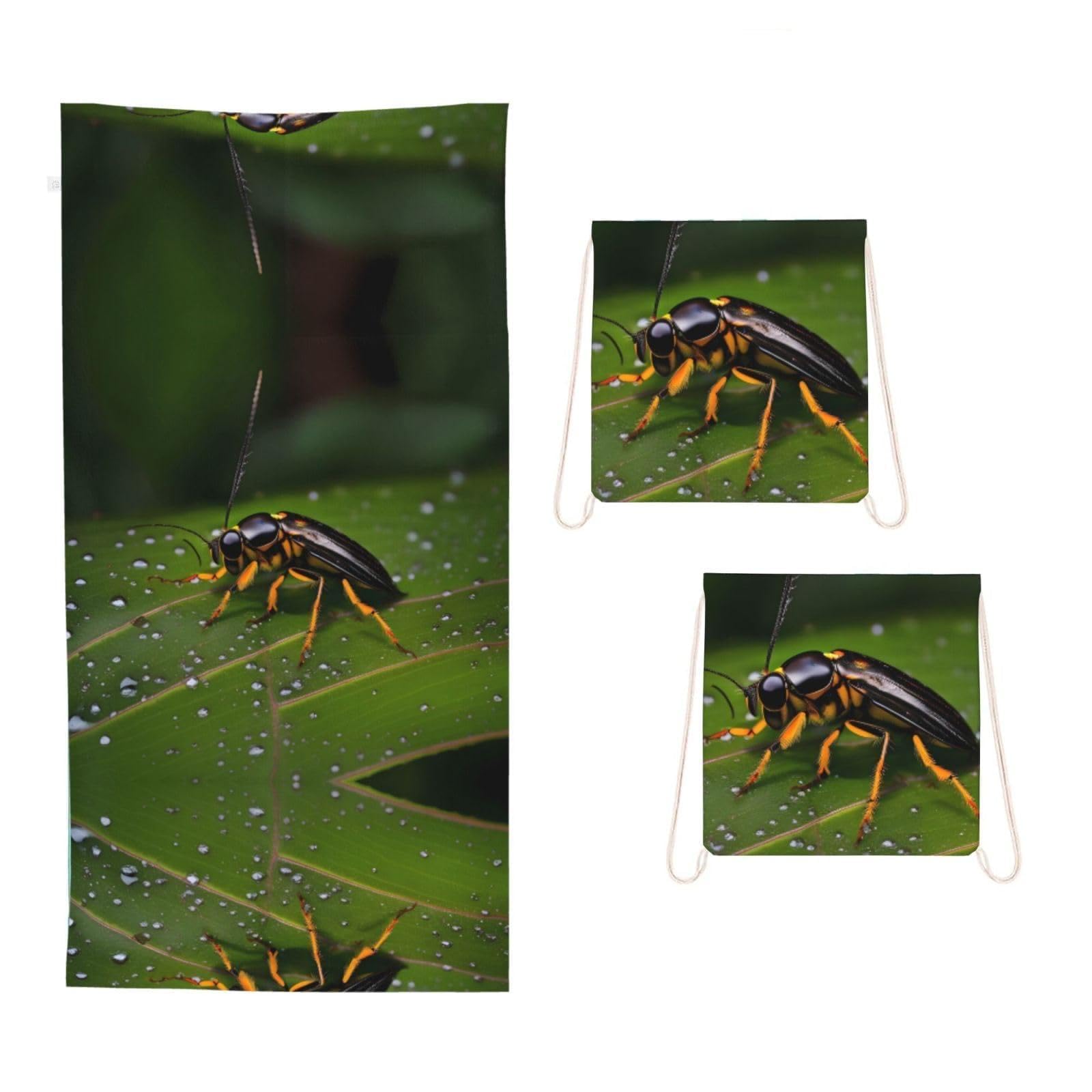 CNTDBU Insects on leaves 2 in 1 Packable Towel Bag-Large Beach Towel with Stuff Sack, Super Absorbent Microfiber Travel Towel for Pool