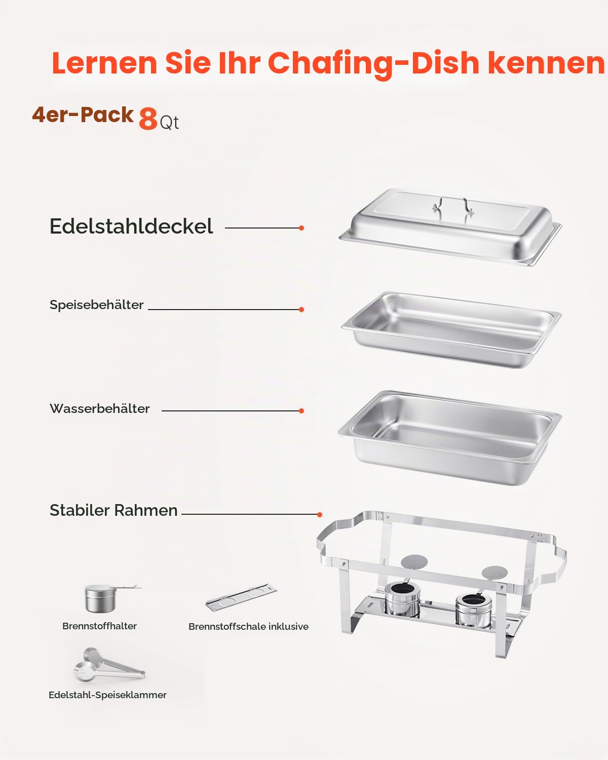 VEVOR Chafing Dish Buffet-Set 4 Stk Edelstahl-Speisenwärmer mit 4 Pfannen in voller Größe (7,5 L), rechteckiger Catering-Wärmespender mit Deckel & Wasserpfannenständer & Brennstoffhalter Buffer Silber