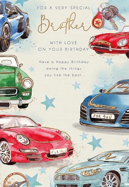 Special Brother Birthday Card - Sports Cars Embossed with Foil Details