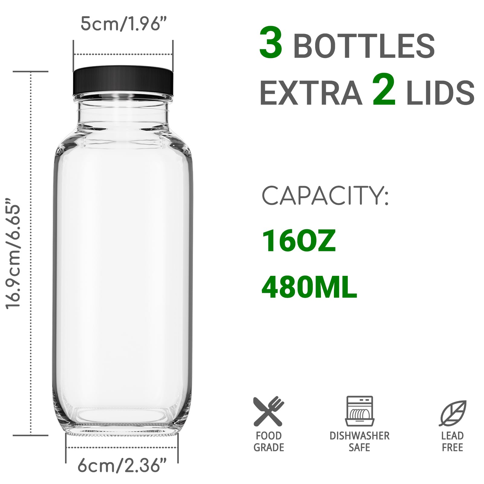 Paquete de 3 botellas de agua cuadradas de vidrio de 16 onzas, capacidad de 480 ml, sin BPA, herméticas, reutilizables, ideal para café helado, jugo, leche, batidos, té, kombucha