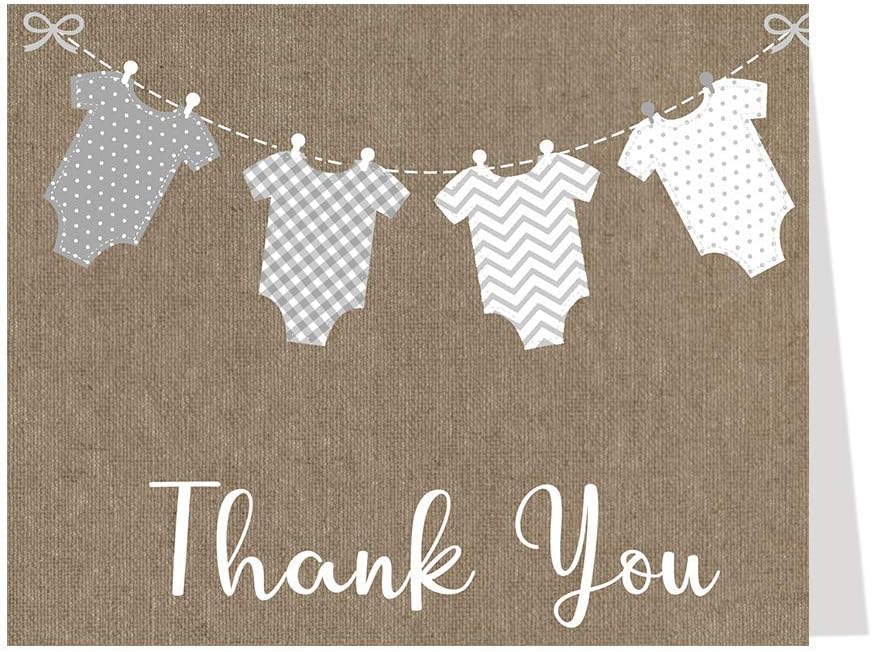 Baby Shower Thank You Cards Burlap Sprinkle Jumpers Lovely Laundry Clothes Line Bodysuits Bow Tie Gender Neutral White Grey Gray Unisex (24 count)