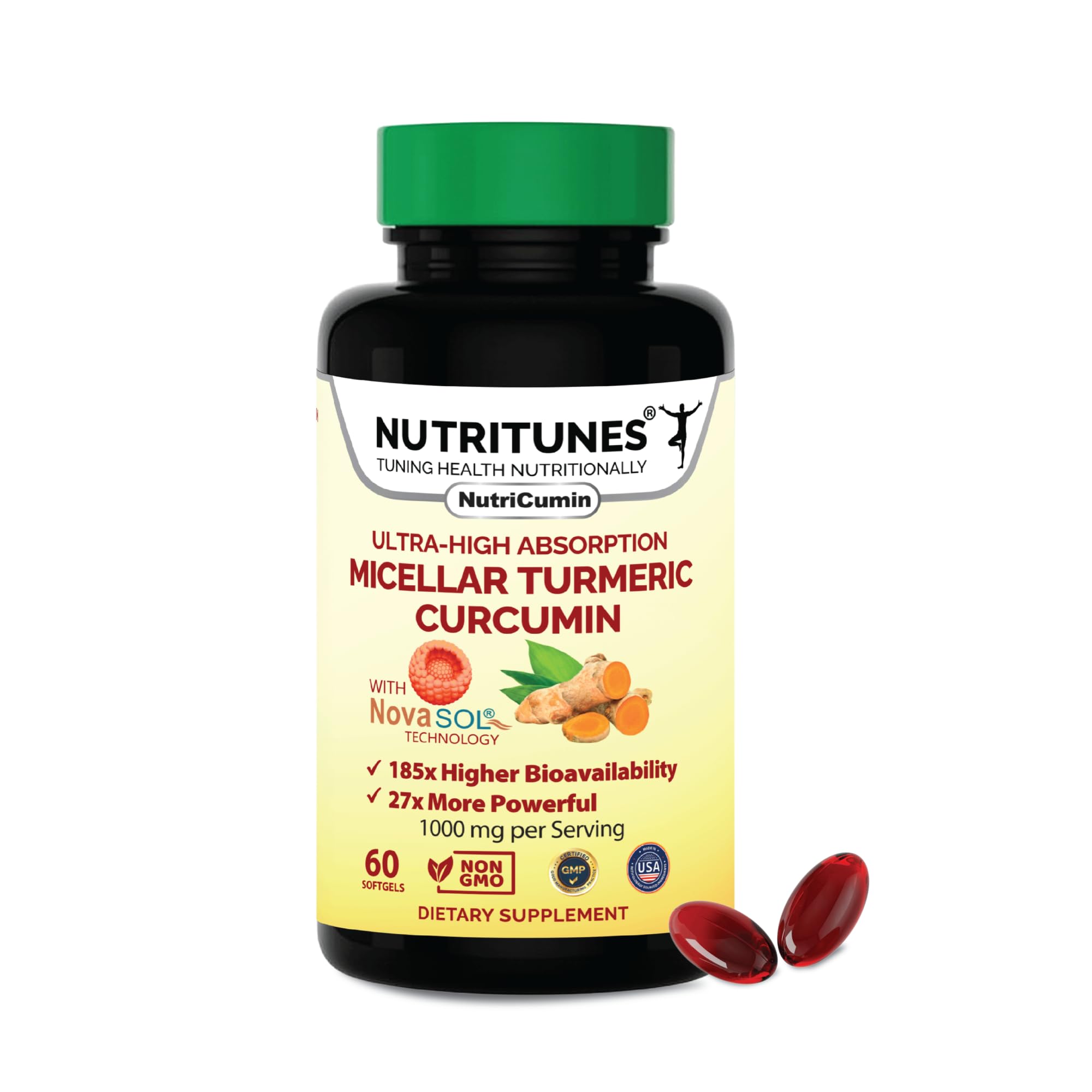NutriCumin NovaSOL Turmeric Curcumin 1000 mg – 185× Absorption – Supports Joint Comfort & Mobility – Non‑GMO Softgels, 60 Ct.