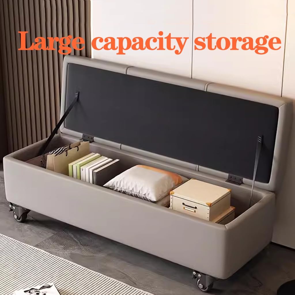 Banc de rangement ottoman extra long avec roulettes – 80 cm rectangulaire bout de lit coffre de rangement pour chambre à coucher et salon – Solution élégante et fonctionnelle en fourrure