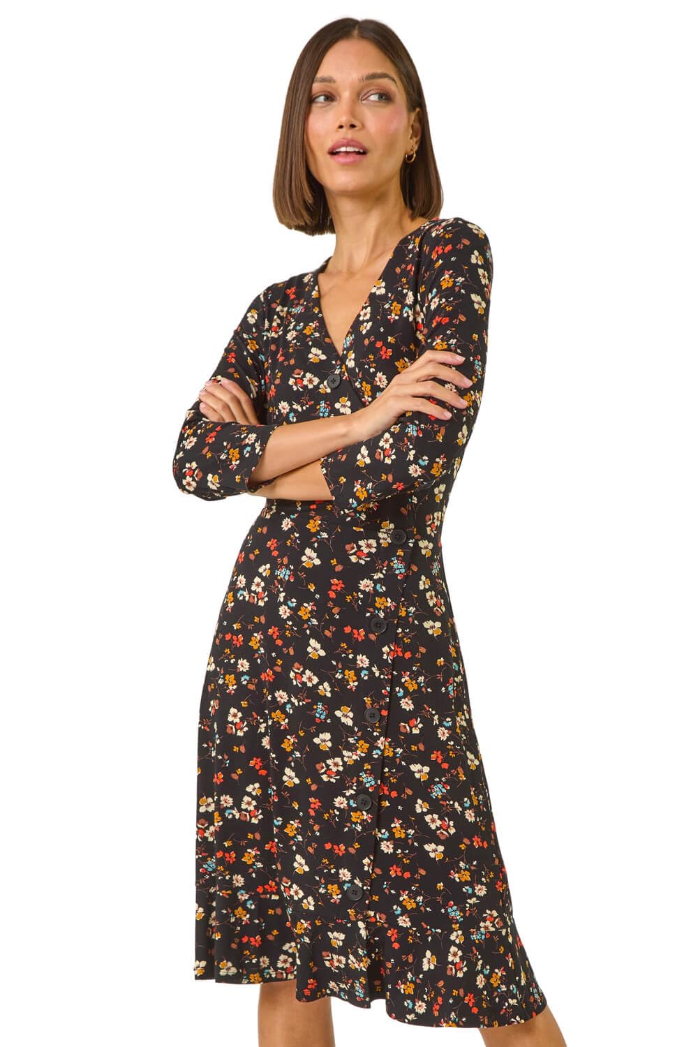 Roman Women's Ditsy Floral Frill Stretch Short Dress in Black | Size: 18