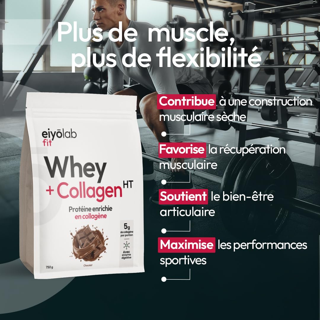WHEY + COLLAGÈNE HT | 82% de Protéines | Peptides de Collagène Hydrolysé 2000 Da | Riche en BCAA | Construction de la masse musculaire | Entretien des Articulations | Saveur Chocolat | 750g | Eiyolab