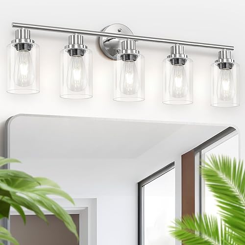 Miniatura 8 de Luces de tocador de baño de 5 luces, E26 modernas lámparas de baño de níquel cepillado con pantalla de vidrio transparente, espejo, cocina, pasillo,