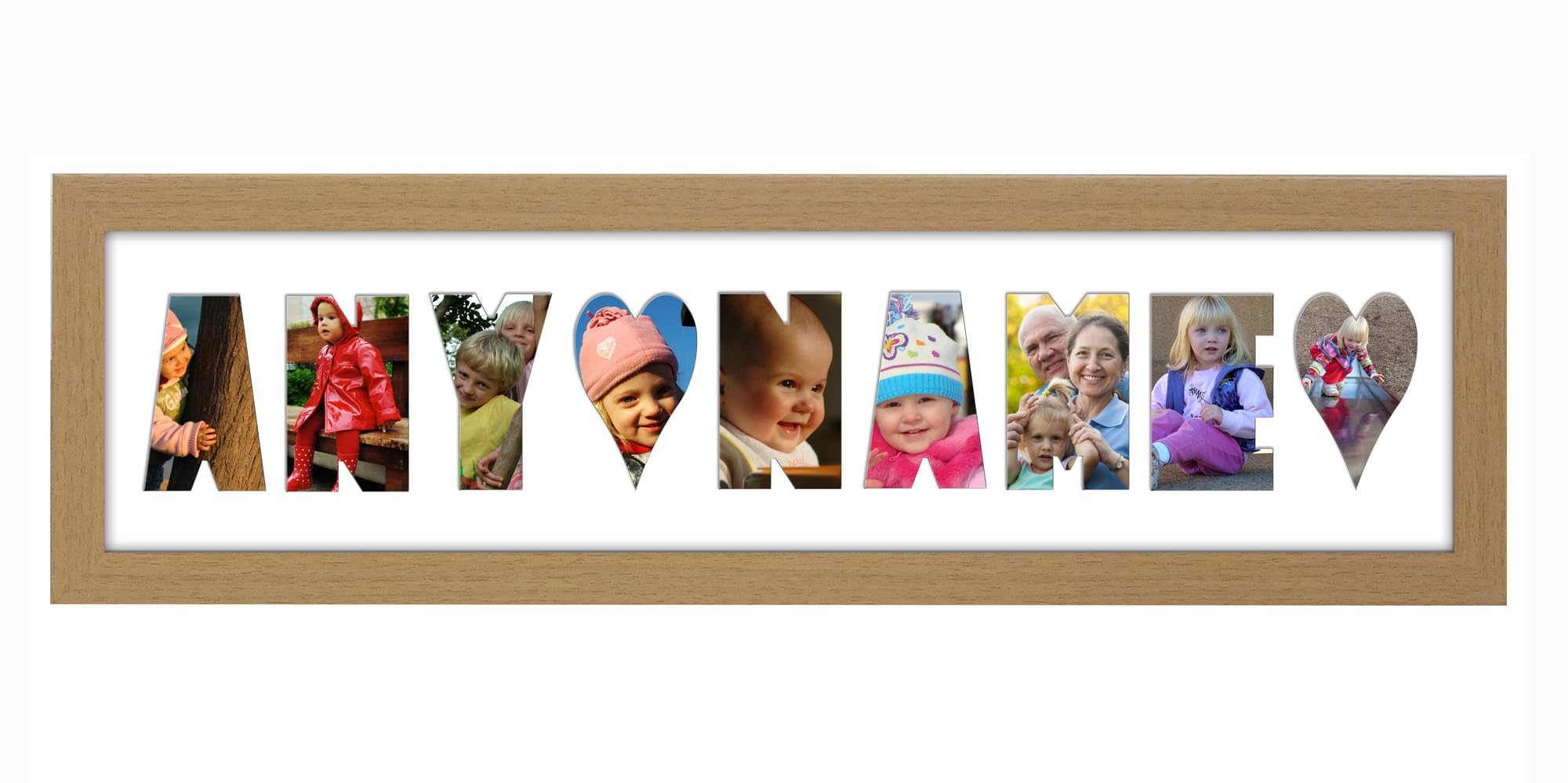 Personalised Photo Frame any Name Word 3 to 9 letters Single Mounted Unique Birthday Picture Gift Present (Oak Finish White Mount, 9 Letter)