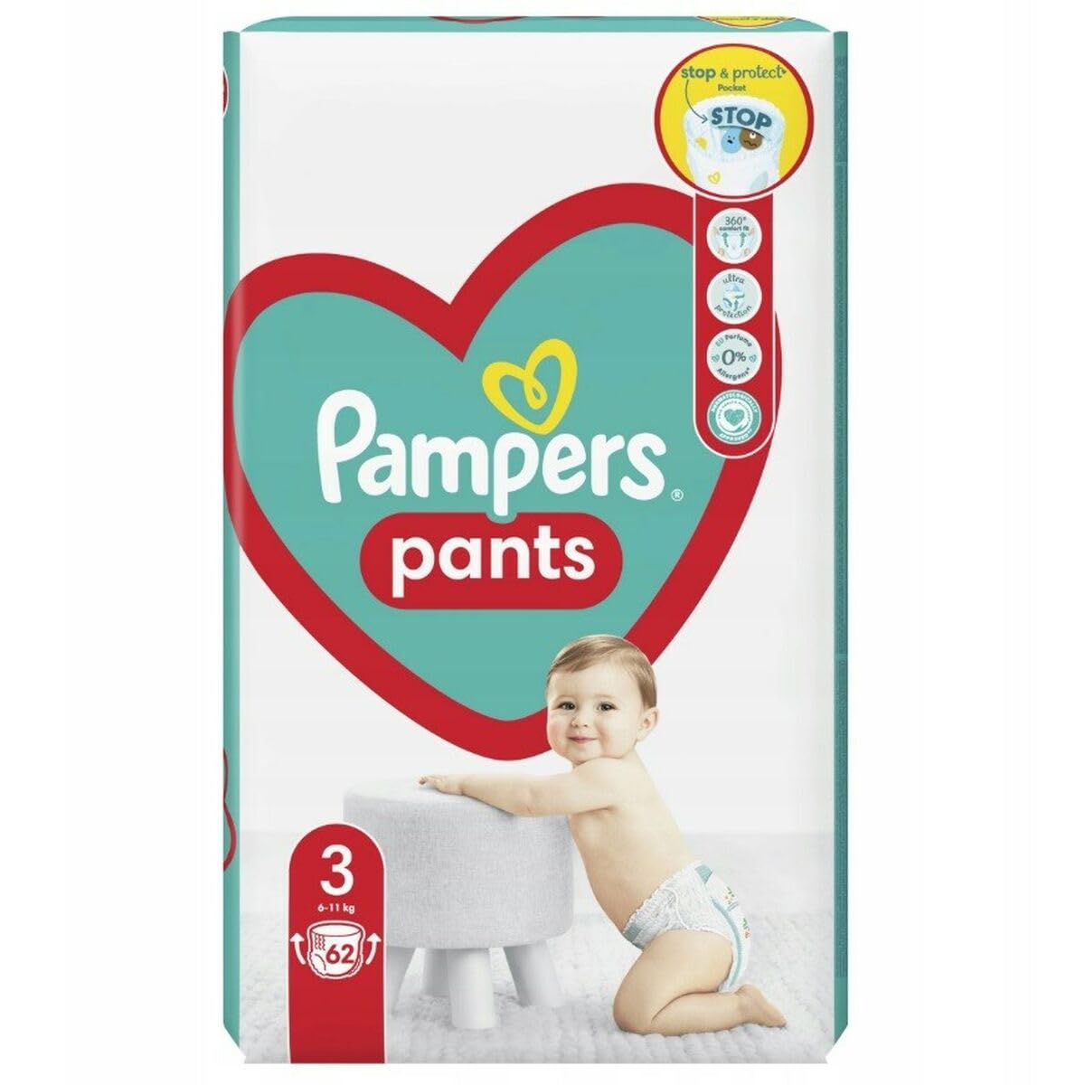 Pampers Pants Windeln Größe 3 (6-11kg), 62 Stück, Schutz & Komfort Pampers in Einfach anzubringenden Windeln