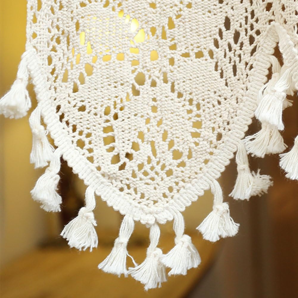 Rideaux Court de Cuisine, Petits Rideaux Creux Tricoté au Crochet Style Rural, Rideaux de Demi-Fenêtre en Coton avec Pompons((WXH) 160x62cm/63x24in)