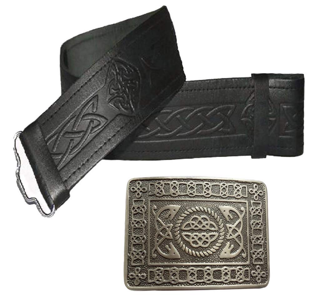 Leather Kilt Belt Embossed and Antique Celtic Knot Buckle