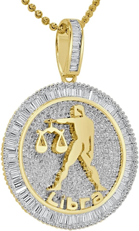 VVS1/D 4.55 Ctw. 14k Solid Yellow Gold Bonded Baguette/Round Cut Lab Grown Diamonds Zodiac Lucky Birth Sign Symbol Astrology Horoscope Pendant Charm Chain Neckless Set Unisex