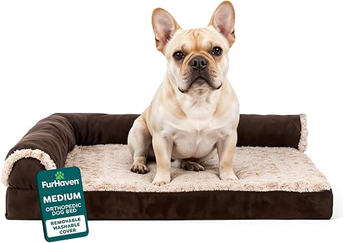Miniatura 19 de Furhaven - Cama ortopédica para perro de espuma, de piel sintética y gamuza, en dos tonos, estilo diván, en forma de L, piedra gris, talla jumbo