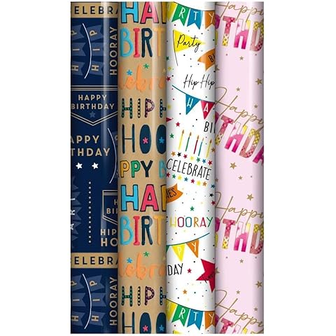 12m (4 x 3m) Happy Birthday Wrapping Paper roll For Gifts Multipack Wraps Sets - Perfect for Birthday, Festival, Party or Wedding Gift and Festive Decoration Cover