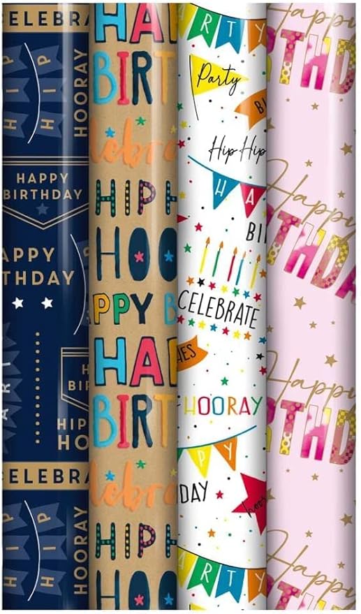 12m (4 x 3m) Happy Birthday Wrapping Paper roll For Gifts Multipack Wraps Sets Perfect for