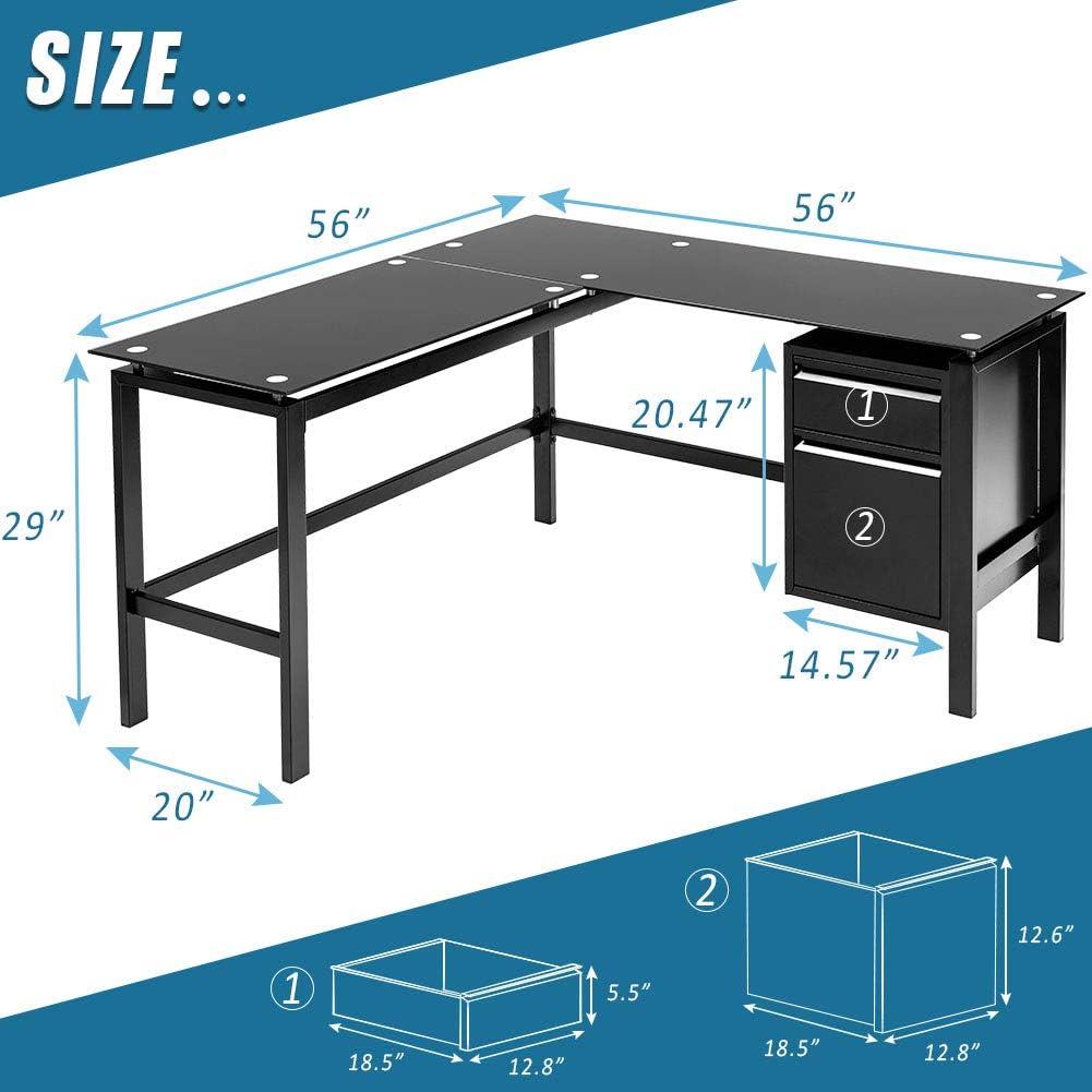 L Shaped Desk 56" Computer Corner Desk, Home Gaming Desk with Storage Drawer Under Desk, Office Writing Workstation with Glass Desktop and Metal Frame, Space-Saving and Easy Assemble