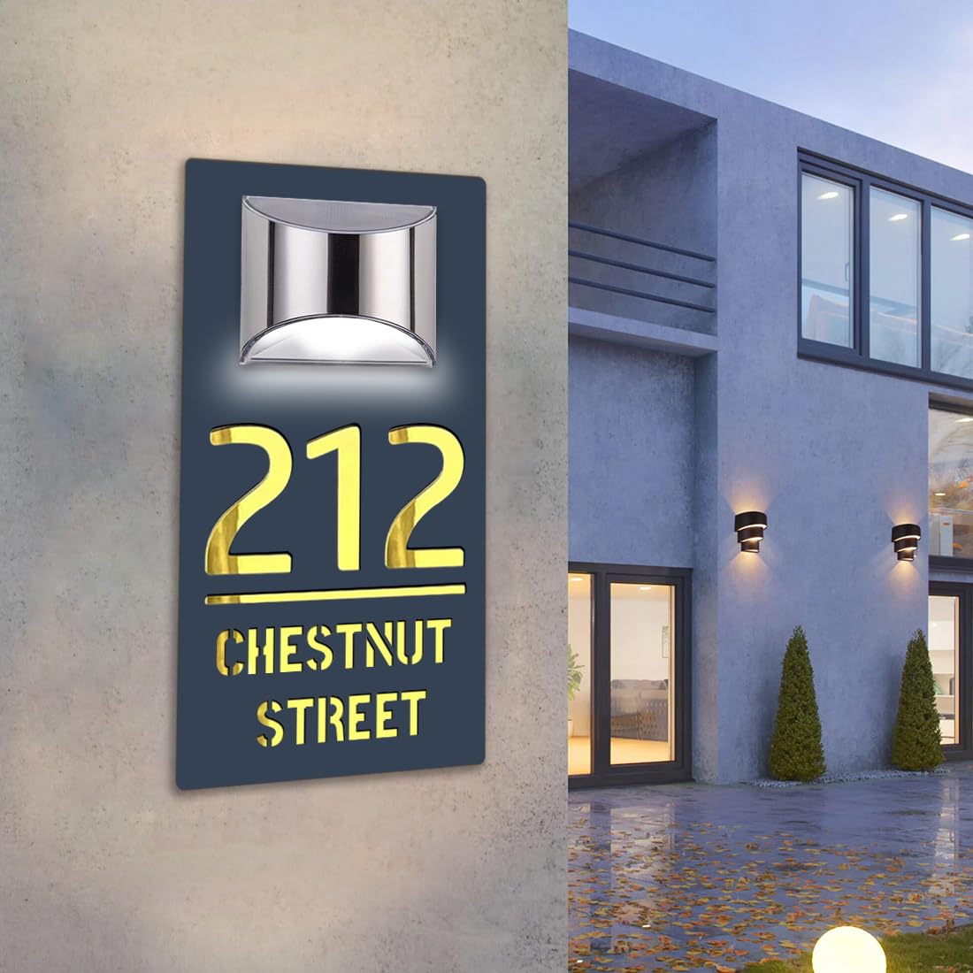 Placas de número de casa personalizadas con luz solar para exterior, individual, cortadas por láser, nombres de puertas, números de dirección, calle, afuera, letrero de casa moderno para