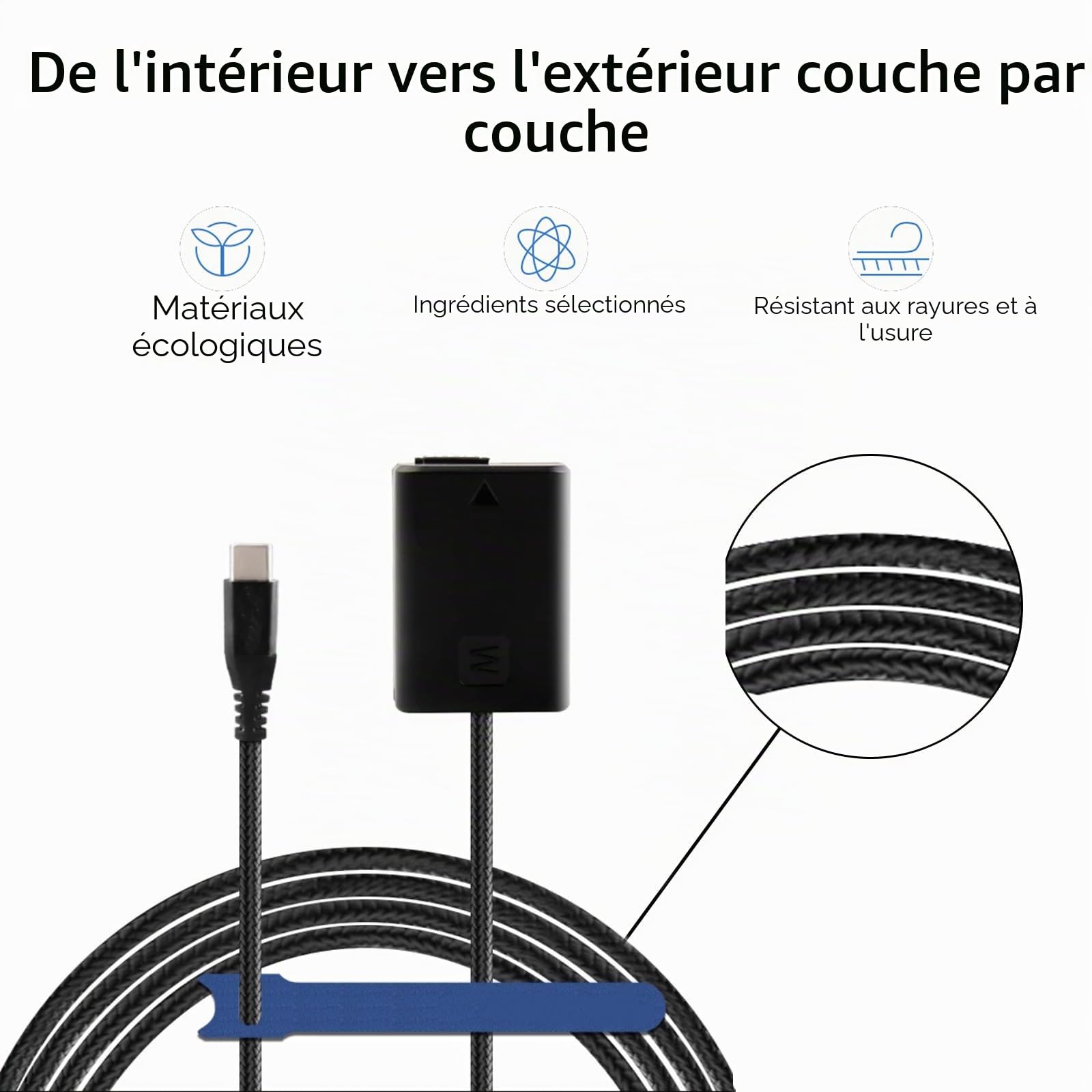 PD Câble d'alimentation USB-C tressé vers NP-FW50 batterie factice AC-PW20 DC coupleur pour Sony Alpha A5100 A6500 A6400 A6000 A55 A7