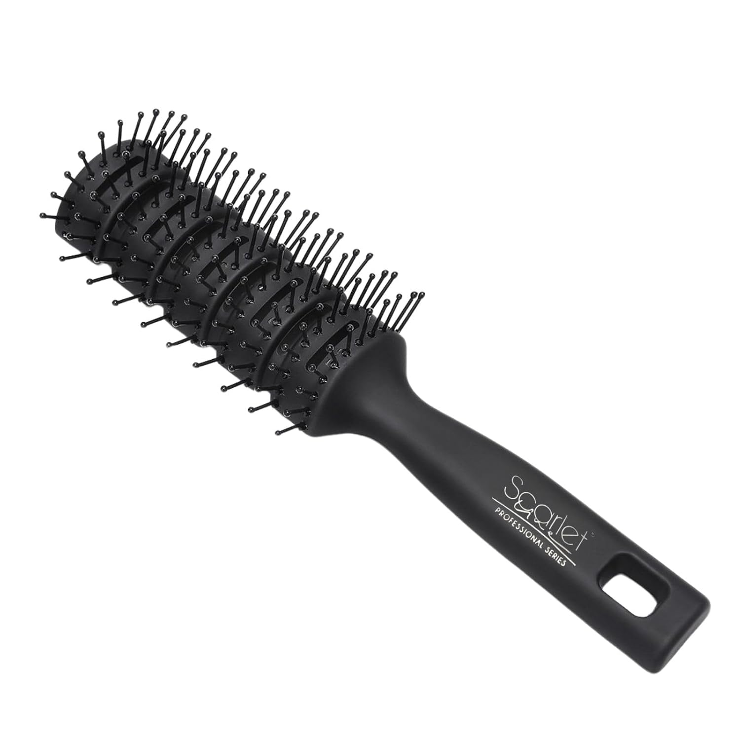 Scarlet Line Professional 11 Rows Curved Shape Ball Tip Bristles Medium Vented Flat Hair Styling Brush with Plastic Handle Ideal For Men n Women_Black