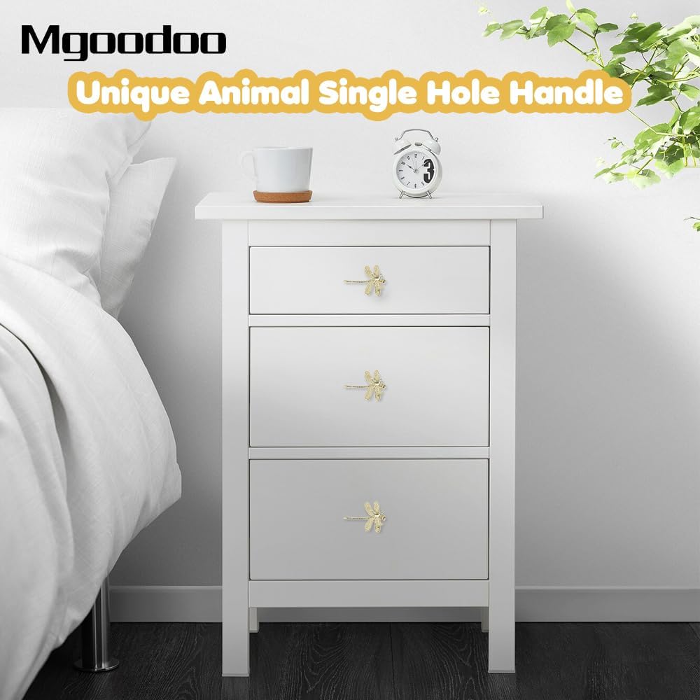 Mgoodoo 4Pcs Brass Dragonfly Cabinet Knobs, Golden Tone Cupboard Knobs Animal Single Hole Handle Decorative Dresser Drawer Handle Knobs for Doors Closets Drawers Wardrobes