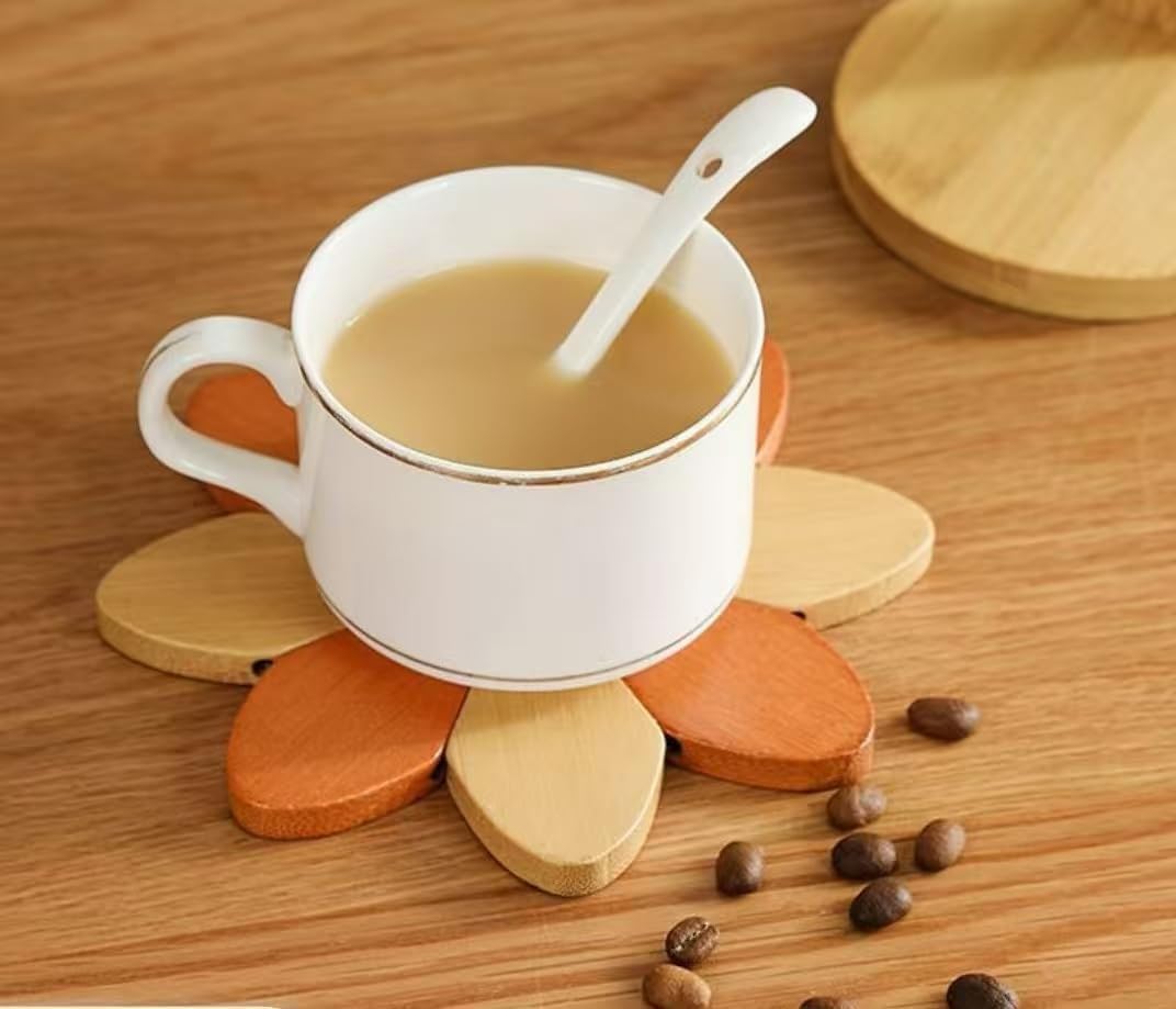 Wooden Windmill Shaped Trivet Set with Stand, Natural Wood Heat Resistant Hot Pot Holder, Reversible Design Kitchen Table Mat, 6'' Diameter, 9'' Height with Base