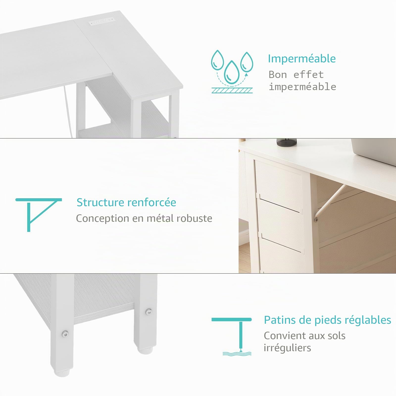Lufeiya Bureau Angle avec 4 Tiroirs Petit Bureau Blanc avec Rangement, PC Bureau en L pour Petit Espace Fille,Ado 120X50CM (Prises Européennes)