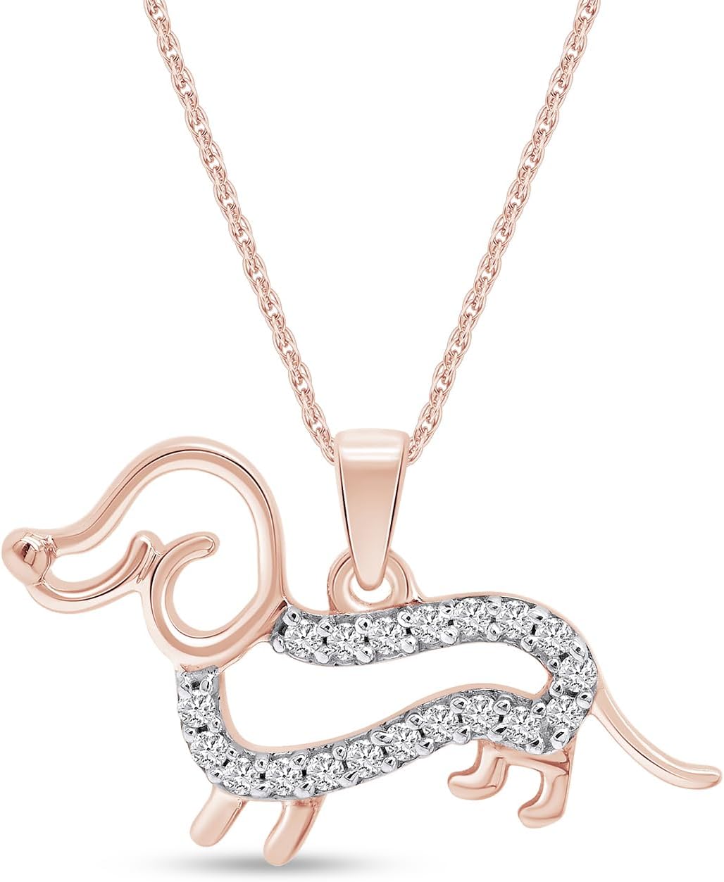 Dachshund Dog Heart Pendant Necklace For Women Round Cut White Cubic Zirconia In 14K Gold Plated Sterling Silver Jewlery Along With 18" Rope Chain