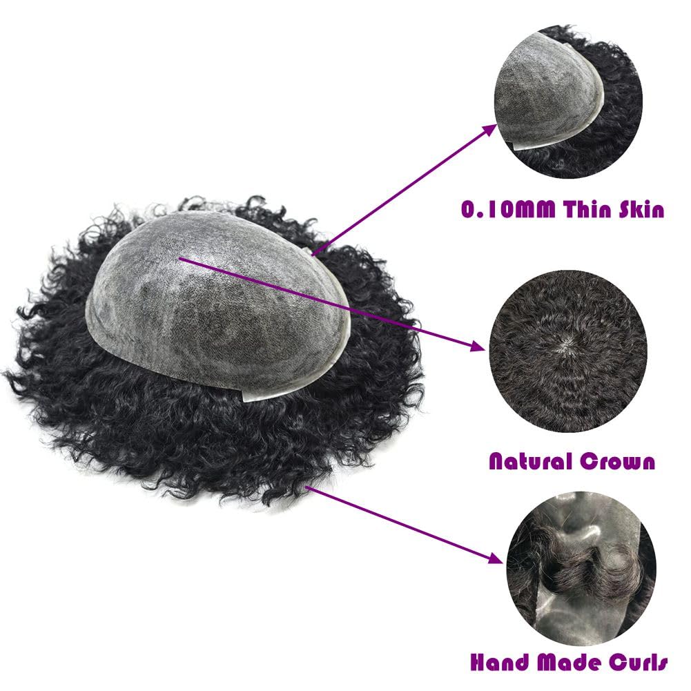 Afro Toupee For Black Men Full Poly Skin Hairpiece 6mm Afro Wave African American Kinky Curly Human Hair Replacement System for Men 8X10" WXL, 1# Jet Black