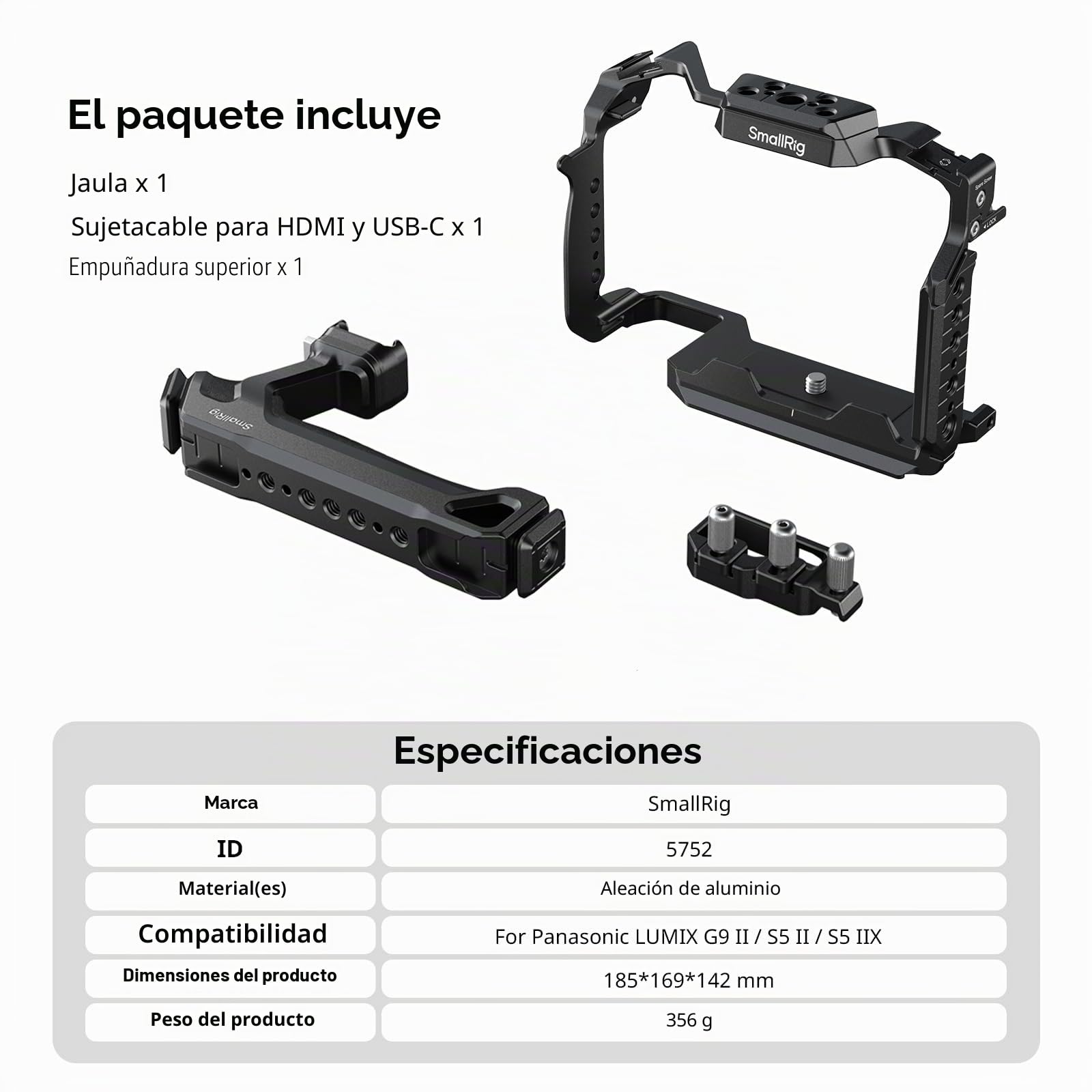 SMALLRIG Kit de Jaula para Panasonic G9 II/S5 II/S5 IIX con Asa Superior NATO, Clip para HDMI/USB-C, Placa QR para Arca y Roscas 1/4"-20/3/8"-16 - 5752