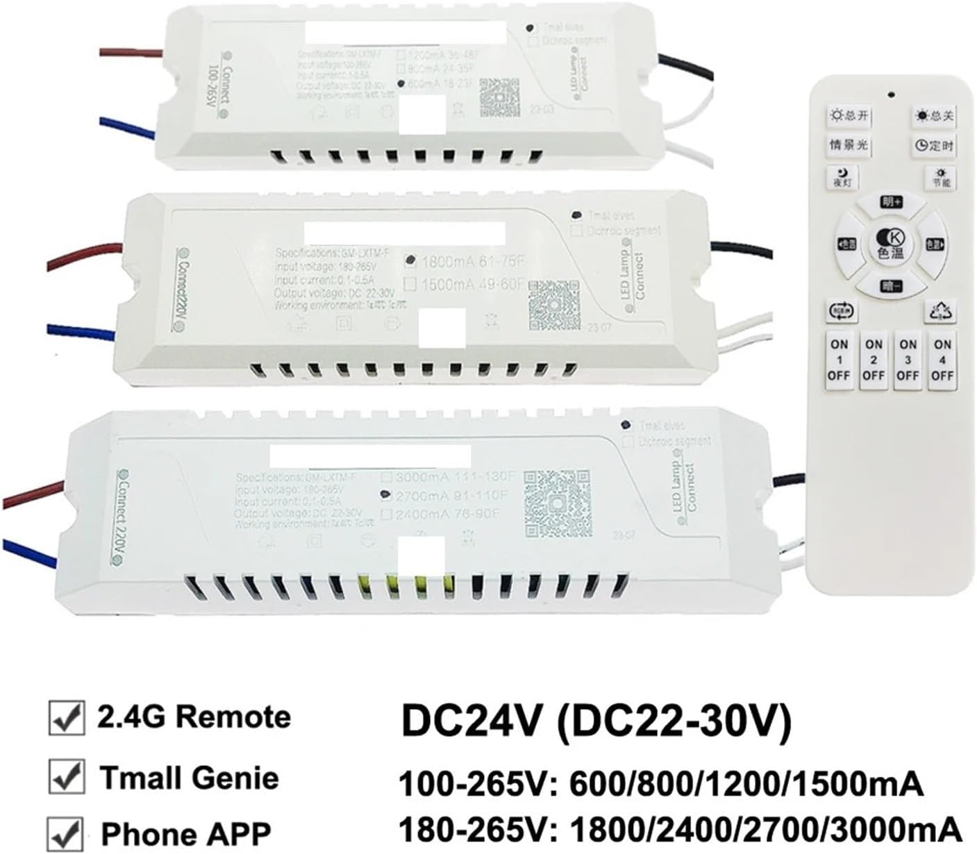 2.4G App LED Driver 600mA-3000mA 24V Output Constant Voltage 2Pin Bicolor Parallel LED Strip Power Supply 110V 220V GM-LXTM-F(DC22-30V-2400mA,AC100-265V-WITHOUT Remote)