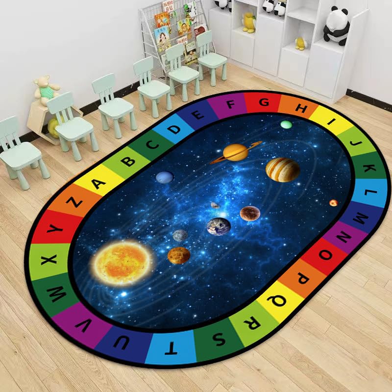 Space Universe Kids Rug, 4x5ft, Colorful ABC Letters for Living Room, Dirty Resistant Machine Washable Carpet, Rubber Backed Non-Slip Easy Clean for