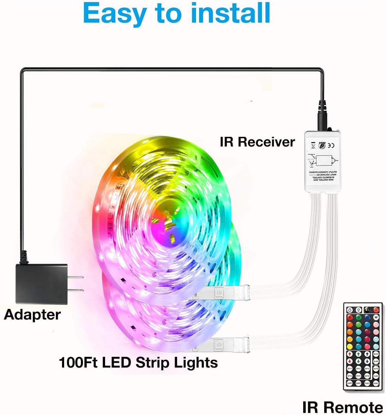 DAYBETTER Led Lights for Bedroom 100 ft, Led Strip Lights with Remote 44 Keys, 24 V Power Supply, Color Changing Led Light for Room Decor