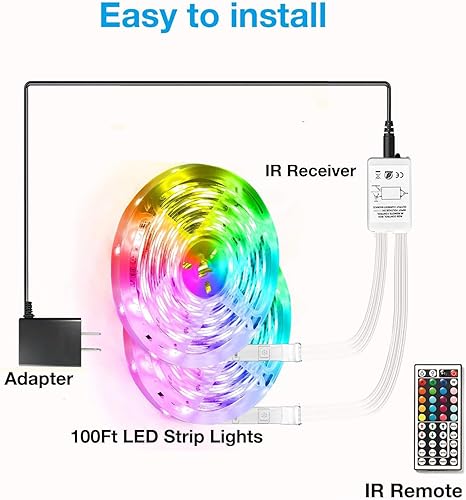 Vista 6 de DAYBETTER - Luces led de 100 pies, tira de luces led con control remoto de 44 teclas, fuente de alimentación de 24 V, luz led que cambia