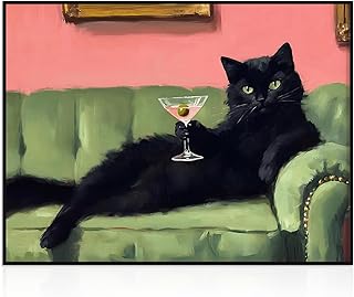 Dazzlewall Komische Schwarze Katze Wandkunst, Retro Elegante Schwarze Katze die einen Martini hält Wanddeko für Schlafzimmer Wohnzimmer Bar Ohne Rahmen 30x40 cm