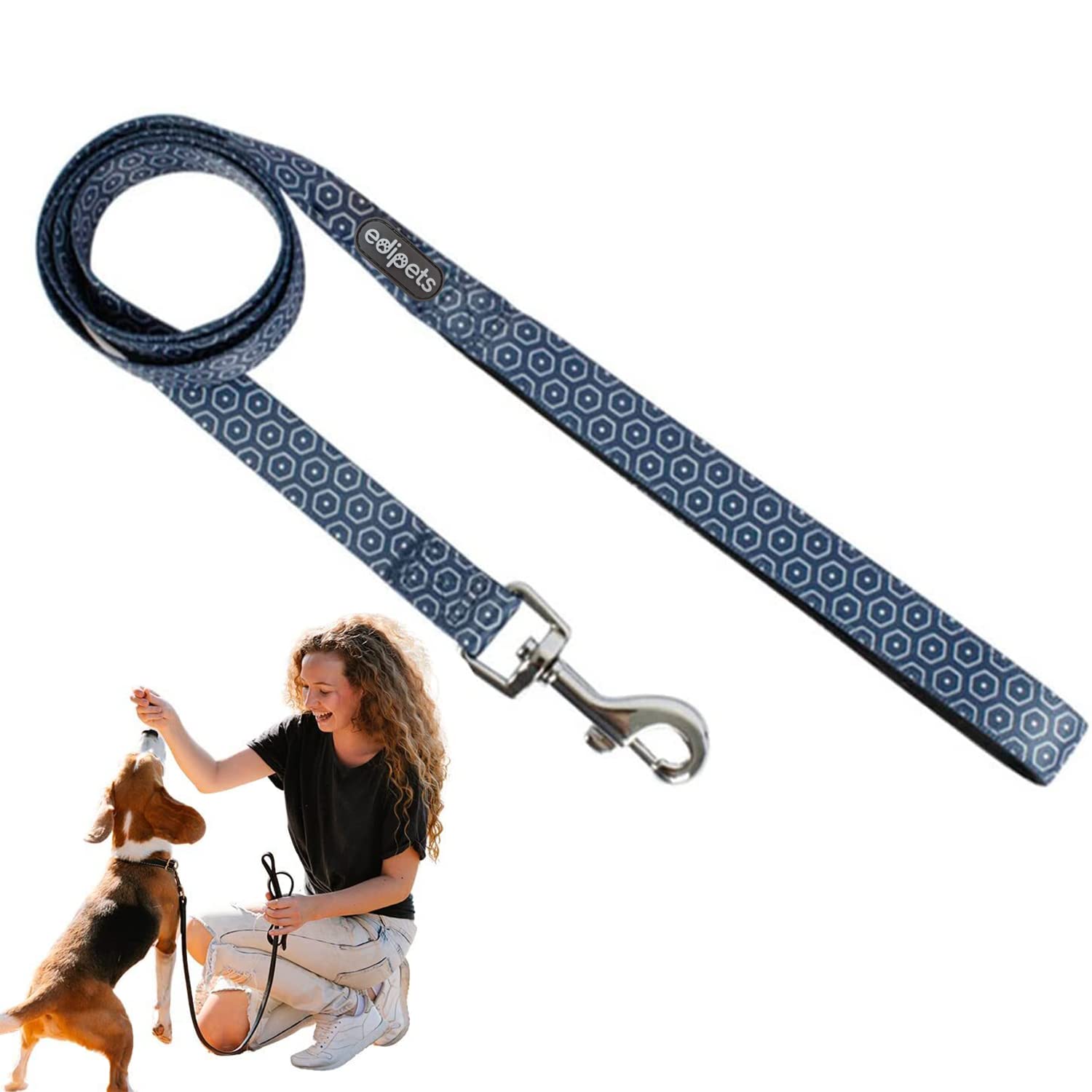 Edipets, Correa Perro, 120cm, 1.5cm o 2.5cm de Anchura, Agarre Suave, Diseño Desenfadado, Cómoda, Segura, con Mosquetón Giratorio 360º, Motivos Hexagonales o Leopardo Blanco (Hexágonos, 1.5)