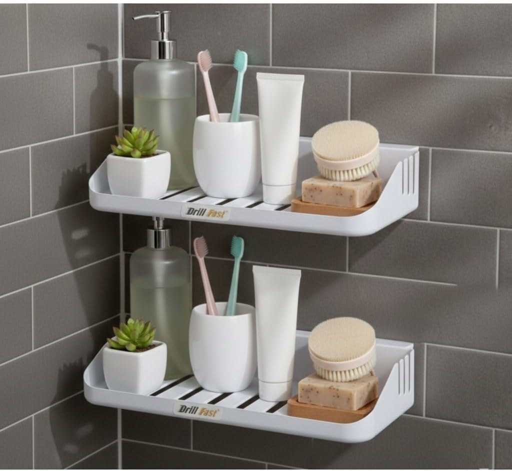 Wall Mounted Shelf | Bathroom & Kitchen Storage Rack with Screws | Rust Free, Durable Organizer (DF-Designer-Tray-White2)