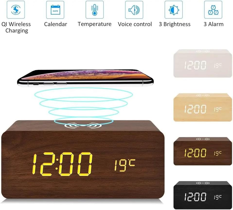 Miniatura 4 de Reloj despertador digital, pantalla LED electrónica de madera, 3 ajustes de alarma, alarma de respaldo de batería, detección de humedad y