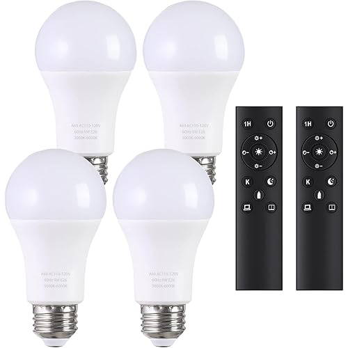 A19 LED Light Bulbs with Remote Control, 800LM 9W (60W Equivalent) Bulbs,Stepless Dimmable 3000K-6000K,E26 Base,CRI 80+,2.4GHz,25000+ Hours Lifespan,Light Bulb for Home Decor,4Bulb & 2Remote