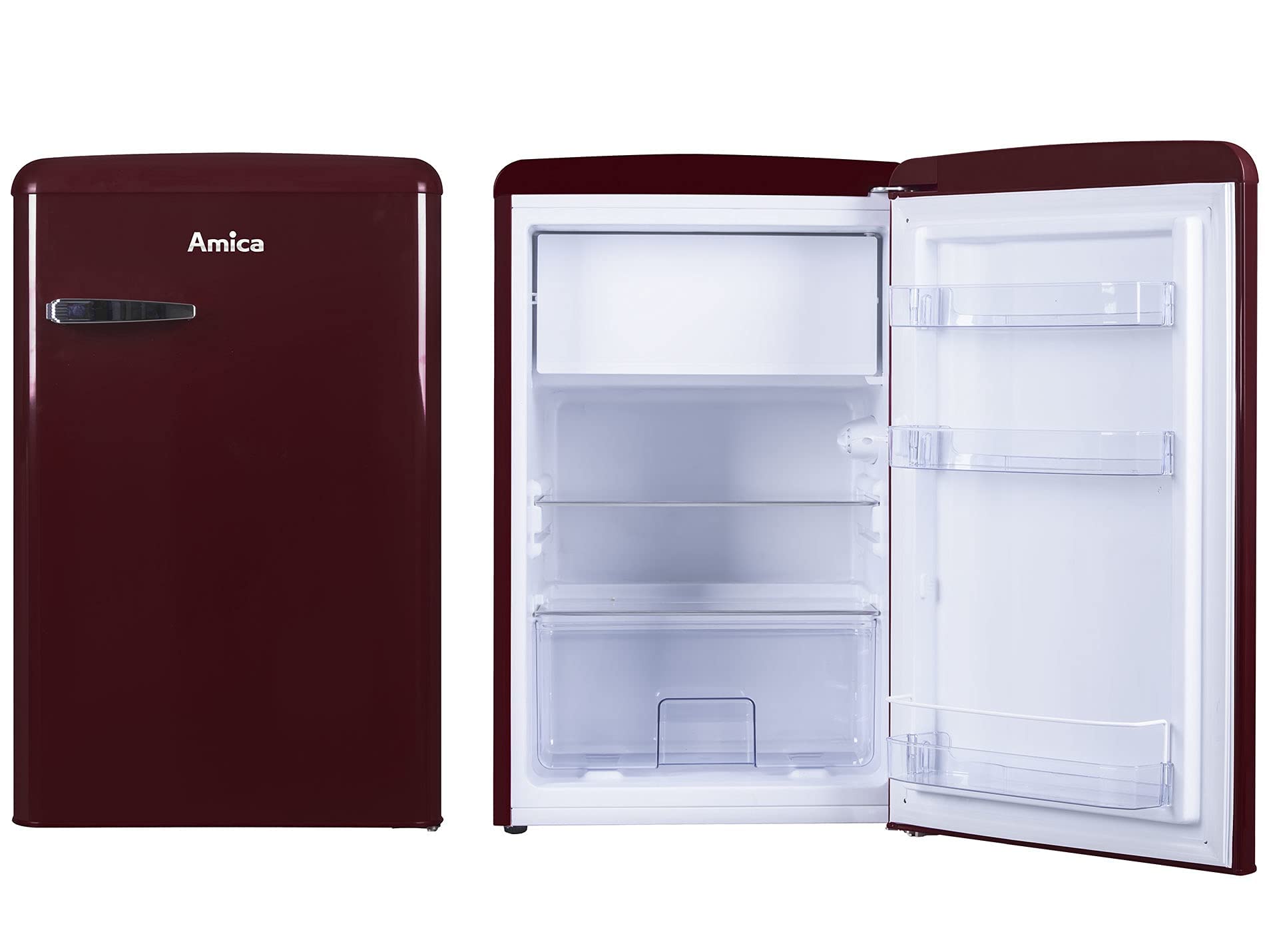 Amica KS 15611 R Retro Kühlschrank mit Gefrierfach / Wine Red (Weinrot) / 88cm (H) x 55cm (B) x 62cm (T) / Retro-Design
