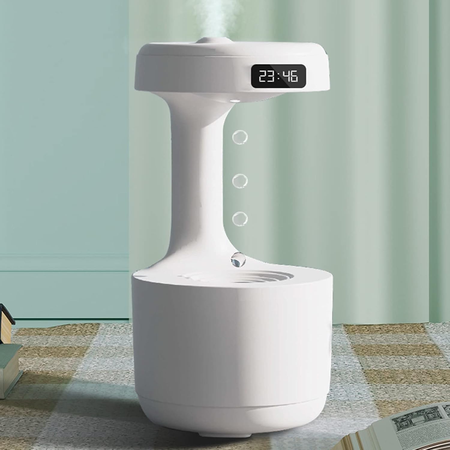 Anti Gravity Water Drop Humidi-fiers 800ml Anti Gravity Humidi-fiers Cool Mist 36dB Quiet, Fountain Humidifier Water Flows Back Visual, Ultrasonic Air Humidi-fiers for Bedroom (White with LED clock)