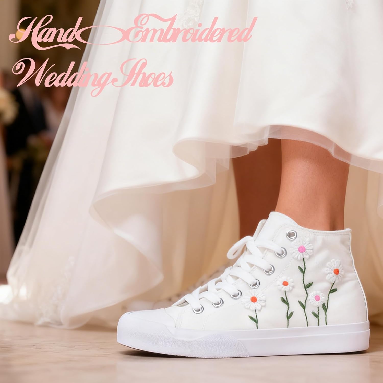 Women High-Top Fashion Sneakers with Floral Embroidery Birthday Gift Wedding Shoes for Bride White Canvas Tennis Walking Shoes - Image 4