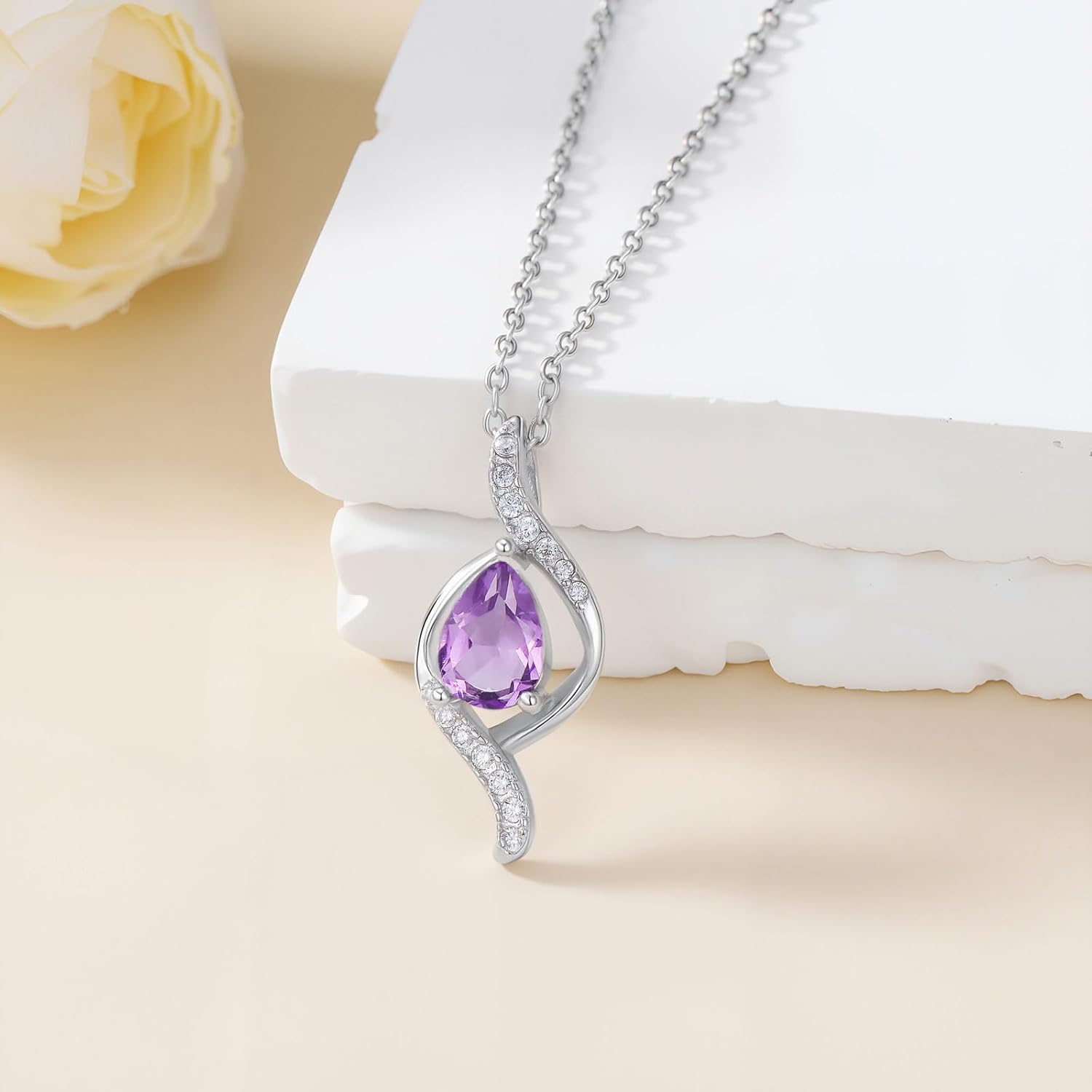 LONAGO Teardrop Amethyst Necklace 925 Sterling Silver for Women Infinity Birthstone Natural Stone Pendant Necklace Jewelry Gifts for Mom Christmas Birthday - Image 2