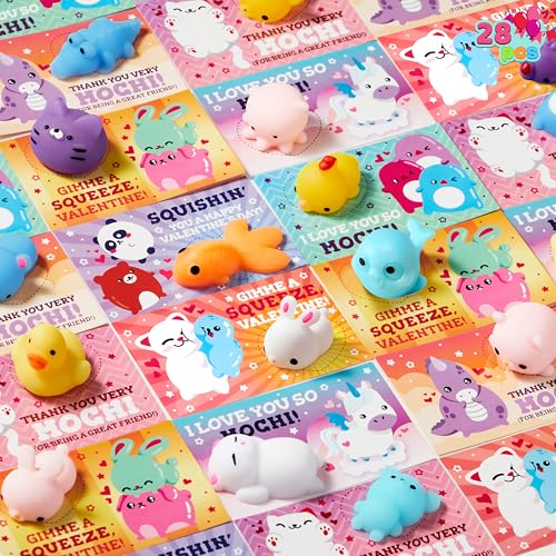 JOYIN 28 Packs Valentines Day Mochi Squishy Toy Gift Cards for Kids, Kawaii Mochi to Squeeze with Cards, Squishy Toy Stress Relief Fidget Toys for Kids Classroom Exchange Prizes Valentine Party Favor