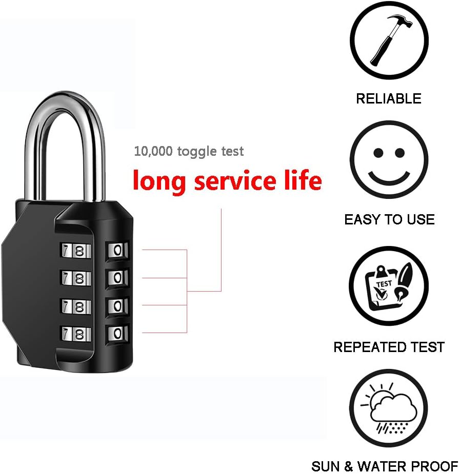 Disecu 4 Digit Combination Lock Outdoor Waterproof Padlock with Steel Cable for Gym Locker, Helmet, Gate, Fence, Luggage (Black, Pack of 2 padlocks) - - 