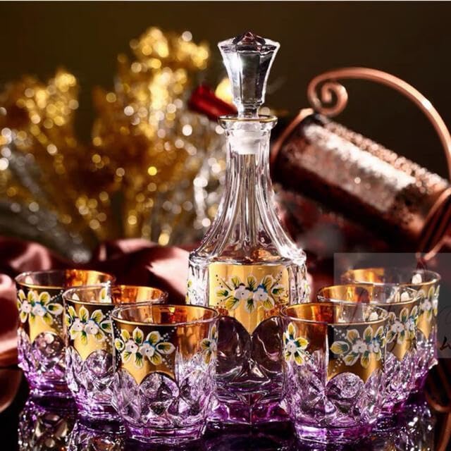 ベネチアングラス デキャンタ グラスセット 金色花柄ガラスデキャンタ