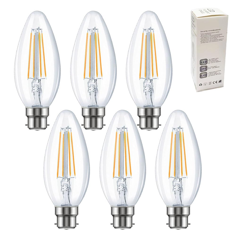 Xnordcaper B22 Bayonet Dimmable LED Candle Light Bulbs, 4W Energy Saving C35 LED Filament Light Bulbs Clear Glass 2700k Warm White B22 Bayonet Cap Candle Bulbs, 40W Equivalent, 6Pack — image 1