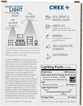 Cree TBR30-06550FLFH25-12DE26-1-E1 BR30 65W Equivalent LED Light Bulb, Daylight