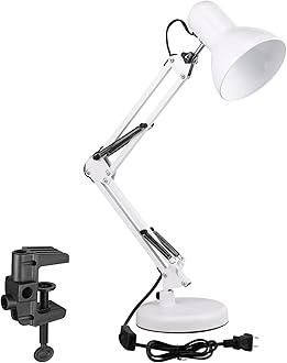 TORCHSTAR Metal Desk Lamp with Clamp, Swing Arm, Architect Adjustable Gooseneck Table Lamp, Clip Desk Lights for Home Office, Work, Study, Reading, E26 Base, Multi-Joint, White