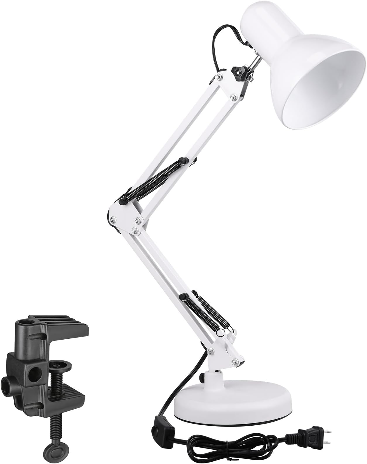 TORCHSTAR Metal Desk Lamp with Clamp, Swing Arm, Architect Adjustable Gooseneck Table Lamp, Clip Desk Lights for Home Office, Work, Study, Reading, E26 Base, Multi-Joint, White