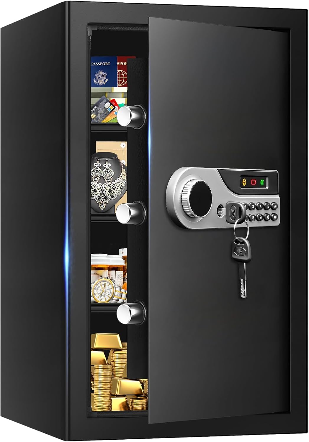 5.2 Cuft Large Fire and Waterproof Safe Home, Digital Safe Box Fireproof Waterproof with Spare Keys, Alarm System and 3 Removable Shelves, Home Safes Document Box with Combination Lock for Valuables