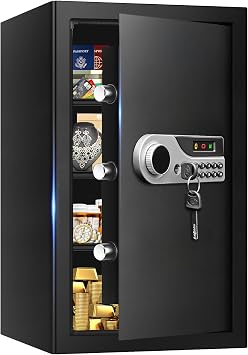 5.2 Cuft Large Fire and Waterproof Safe Home, Digital Safe Box Fireproof Waterproof with Spare Keys, Alarm System and 3 Removable Shelves, Home Safes Document Box with Combination Lock for Valuables